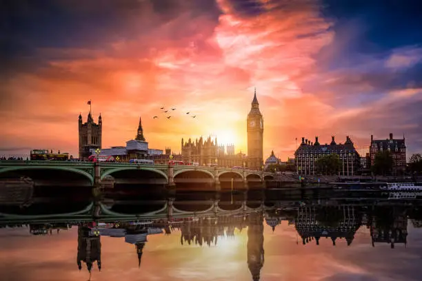 The Westminster Palace and the Big Ben clocktower by the Thames river in London, United Kingdom, during a colorful sunset