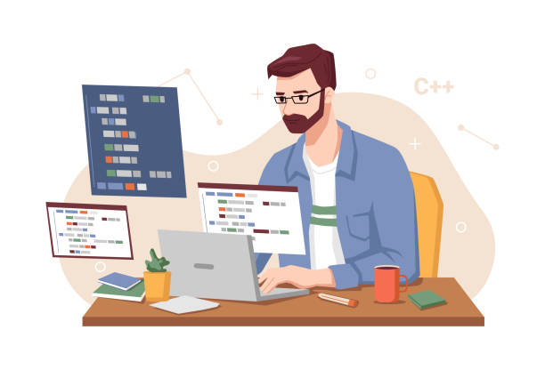 ilustrações de stock, clip art, desenhos animados e ícones de male personage concentrated at working project, isolated man coding and programming looking at monitor. screen with codes, developer at work with task. cartoon character, vector in flat style - programador