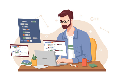 Male Personage Concentrated At Working Project Isolated Man Coding And ...