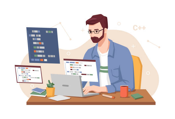 Male personage concentrated at working project, isolated man coding and programming looking at monitor. Screen with codes, developer at work with task. Cartoon character, vector in flat style Male personage concentrated at working project, isolated man coding and programming looking at monitor. Screen with codes, developer at work with task. Cartoon character, vector in flat style javascript stock illustrations