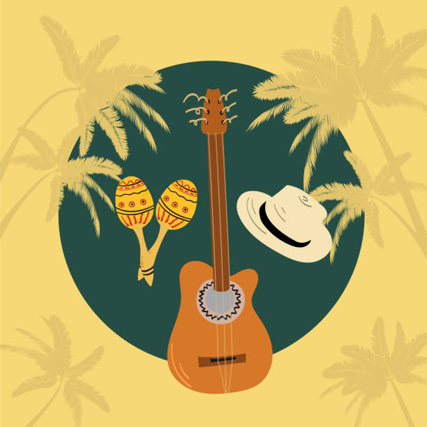 Hand drawn illustration of guitar - cuban tres, hat and maracas. Tropical vibe vacation concept. Hand drawn illustration of guitar - cuban tres, hat and maracas.  TRopical vibe vacation concept. T-shirt design. samba dancing stock illustrations