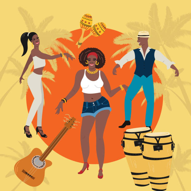 illustrazioni stock, clip art, cartoni animati e icone di tendenza di uomo, donna alla festa che balla tengono danza lating, slasa, cha-cha, rimba, mambo. sfondo tropicale, t-shirt, poster, concetto di invito alla festa. - cuban ethnicity illustrations