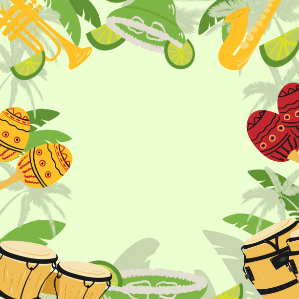 illustrazioni stock, clip art, cartoni animati e icone di tendenza di modello con chitarra, tres cubani e tamburi conga, maracas, guiro, foglie di palma e fiori di ibisco. progetta carta, volantino, invito o banner. con spazio per il testo. - latin music