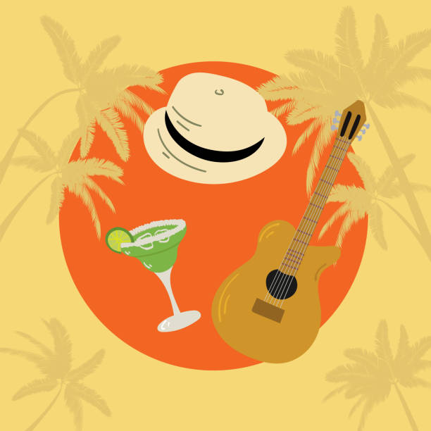 ilustraciones, imágenes clip art, dibujos animados e iconos de stock de ilustración dibujada a mano de guitarra, sombrero y margarita. concepto de vacaciones de ambiente tropical. - samba dancing