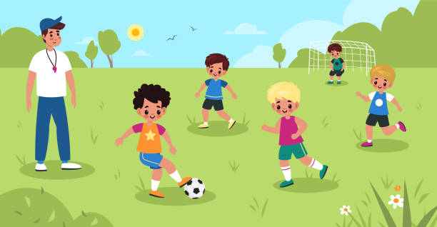 Children soccer. Kids play football in park, boys sport team workout with coach, goalkeeper on gate, young athletes activity. Little friends play together vector cartoon childhood concept Children soccer. Kids play football in summer park, boys sport team workout with male coach, goalkeeper on gate, young athletes activity. Little friends play together vector cartoon childhood concept club football stock illustrations