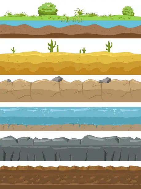 Vector illustration of Seamless landscape borders. Ground types endless background, game environments. Natural horizontal lands stripes structure, rocks and meadow, desert and water. Cartoon vector set