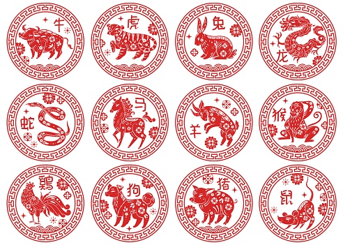 Round frames Chinese zodiac signs. Animals types of astrological calendar, Asian horoscope, traditional decor twelve animal red silhouettes with decor and ornaments different years. Vector emblems set