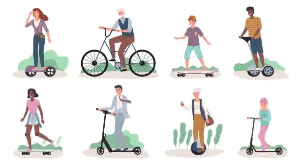 Vector illustration of People riding ecology transport. Men and women drive personal street transportation, mobile electric movement. Characters riding scooter and skateboard, hoverboard and bike vector set