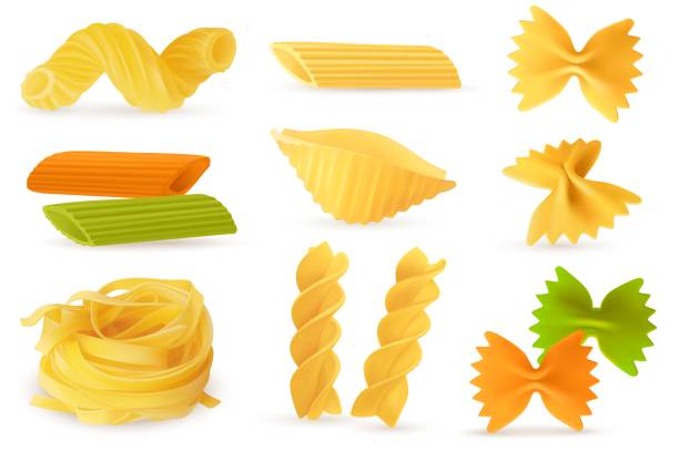 Dry pasta objects. Realistic italian culinary ingredients, different pasta and noodles shapes. Homemade farfalle and fusilli, gemelli and penne, conchiglie and cavatappi, vector set Dry pasta objects. Realistic italian culinary ingredients, different pasta and noodles shapes. Homemade farfalle and fusilli, gemelli and penne, conchiglie and cavatappi, carbohydrate food. Vector set carbohydrate food type stock illustrations
