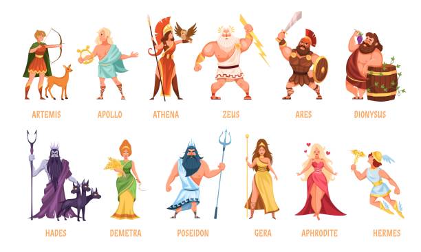 Greek gods pantheon. Mythological olympian gods, ancient Greece religion women and men characters with names, traditional elements personifications. Cartoon flat style vector set Greek gods pantheon. Mythological olympian gods, ancient Greece religion women and men characters with names collection, traditional elements personifications. Cartoon flat style vector isolated set goddess stock illustrations