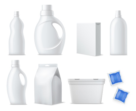 Laundry products mockup. Realistic clean white plastic bottles, containers and packs, washing powders, capsules packaging and gels. Household cleaning products vector 3d isolated set