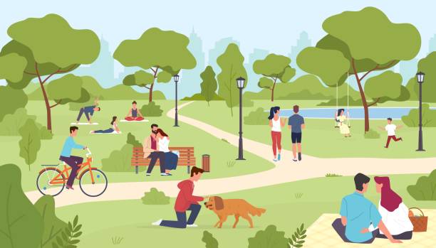 People in park. Happy men and women, city summer or spring park walking, group yoga class outdoor, nature romantic dates, children play, riding bicycle vector colorful cartoon concept People in park. Happy men and women sitting on bench, city summer or spring park walking, group yoga class outdoor, nature romantic dates, children play, riding bicycle vector colorful cartoon concept public park illustrations stock illustrations