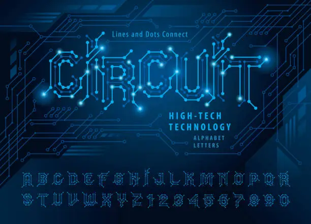 Vector illustration of Vector of Circuit Alphabet Letters and numbers, Network Connecting dot polygon