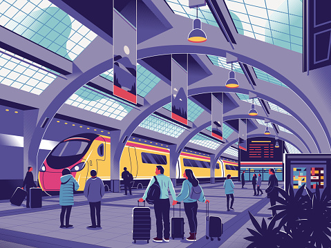Traveling together, departure. A couple in a railway station ready to begin their travel. Hand drawn stylized illustration. Creative 2D illustration for prints, covers, projects.