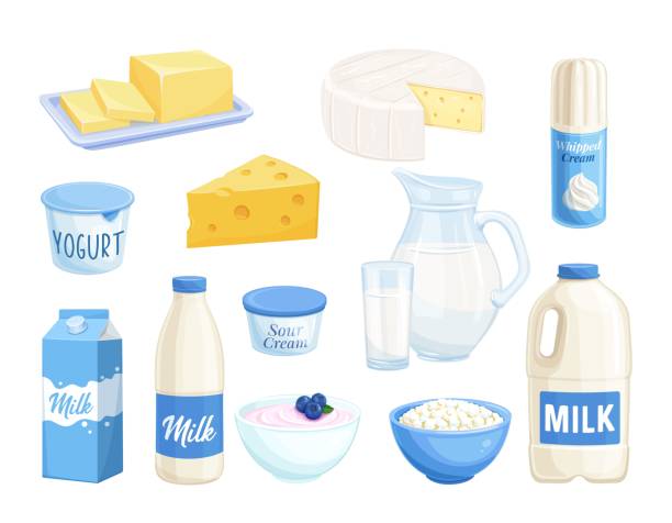 Set Dairy Products Vector set dairy products. Illustration of cottage cheese, milk, butter, cheese and sour cream. Yogurt, whipped cream for design market farm product. french food stock illustrations