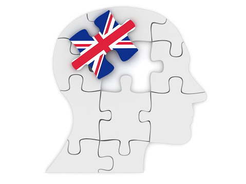 UK flag learn English language head puzzle silhouette mind brain memory