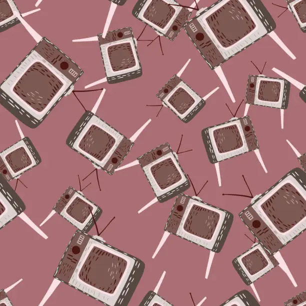 Vector illustration of Random seamless pattern with vintage doodle tv ornament. Pink background. Media design.