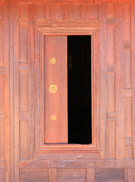 istock Open window. Thai style wooden windows on brown wood wall background 1297179938