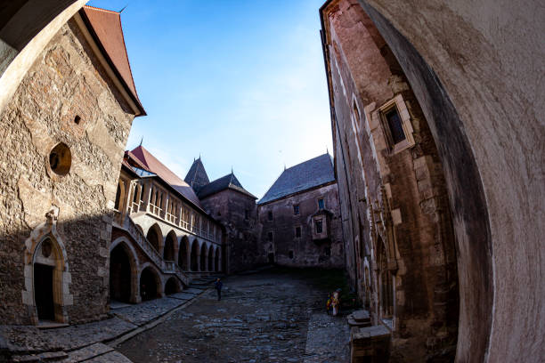 Temesvar Romania May 17, 2020:  The architectural details of the inner courtyard of the Corvin castle - also known as Hunyadi Castle.