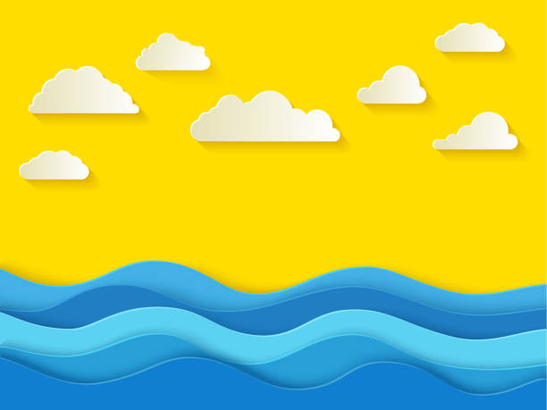 istock Sunny summer day with white clouds. Sea background in paper style. 1297180368
