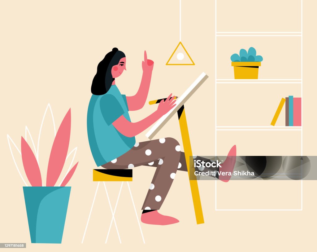 Female graphic designer or illustrator. Creativity process. Cute woman paints. Girl working in a room. Freelance worker. Female graphic designer or illustrator. Creativity process. Working from home. Stay home. Home office. Modern flat vector illustration. Art stock vector