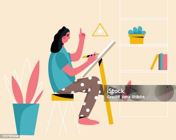 Female Graphic Designer Or Illustrator Creativity Process Stock Illustration - Download Image Now