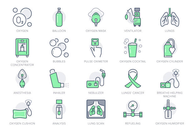 Oxygen line icons. Vector illustration included icon - anesthesia mask, ventilator, icu, artificial lung ventilation, nebulizer outline pictogram for hospital. Green Color Editable Stroke Oxygen line icons. Vector illustration included icon - anesthesia mask, ventilator, icu, artificial lung ventilation, nebulizer outline pictogram for hospital. Green Color Editable Stroke. oxygen cylinder stock illustrations