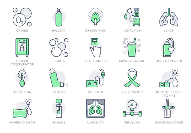 Oxygen line icons. Vector illustration included icon - anesthesia mask, ventilator, icu, artificial lung ventilation, nebulizer outline pictogram for hospital. Green Color Editable Stroke Oxygen line icons. Vector illustration included icon - anesthesia mask, ventilator, icu, artificial lung ventilation, nebulizer outline pictogram for hospital. Green Color Editable Stroke. oxygen tank breathing device stock illustrations
