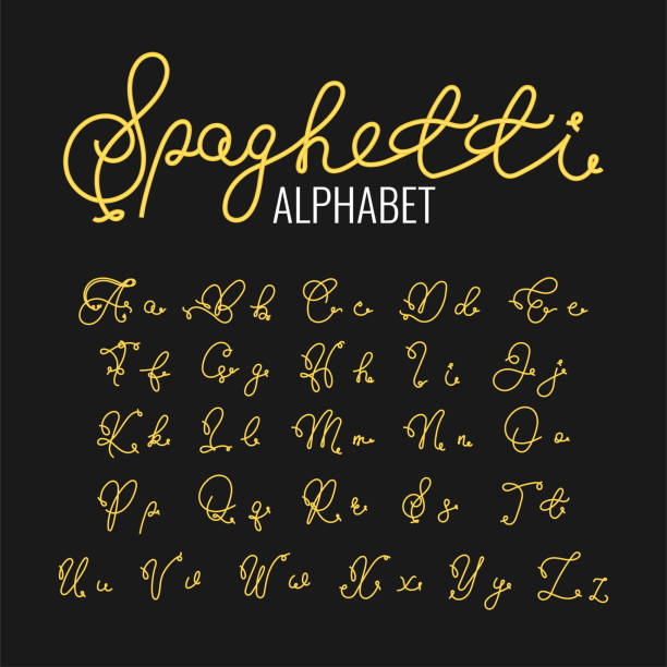 Spaghetti alphabet letters isolated on black background. Italy national food typography. Italian pasta font, text, words. Vector illustration Spaghetti alphabet letters isolated on black background. Italy national food typography. Italian pasta font, text, words. Vector illustration spaghetti stock illustrations