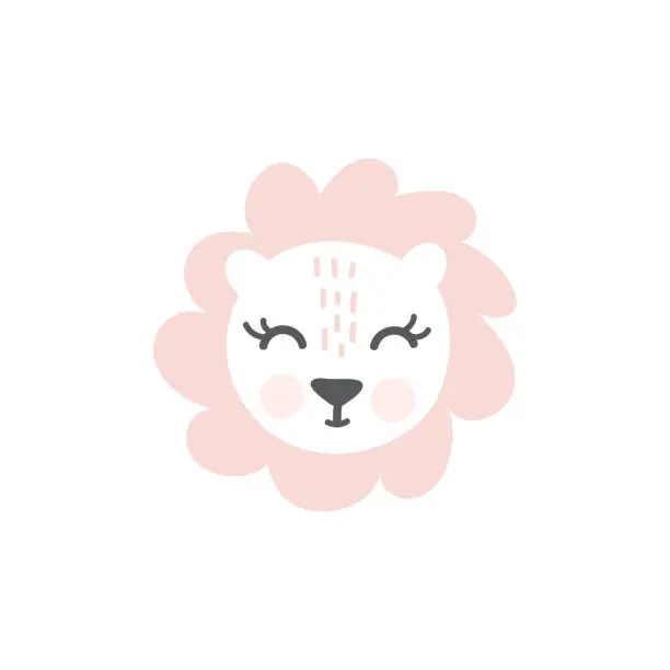 Vector illustration of Pink Lioness hand drawn illustration vector in doodle style. Cute lioness head. Kids, baby nordic design for cards, poster, nursery wall art, clothing. Scandinavian style