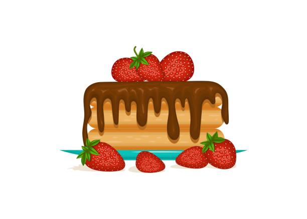 Melted hocolate pancakes garnished with fresh strawberries Melted hocolate pancakes garnished with fresh strawberries Multicolored Image. Close-up. Design element. Vector illustration. chandler strawberry stock illustrations