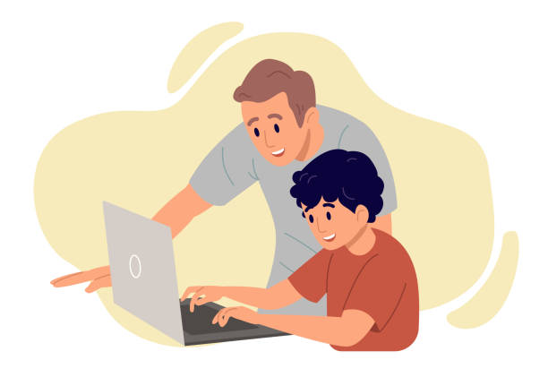 ilustrações, clipart, desenhos animados e ícones de pai com filho olhando para o laptop. ilustração de design plano. vetor - two boys illustrations