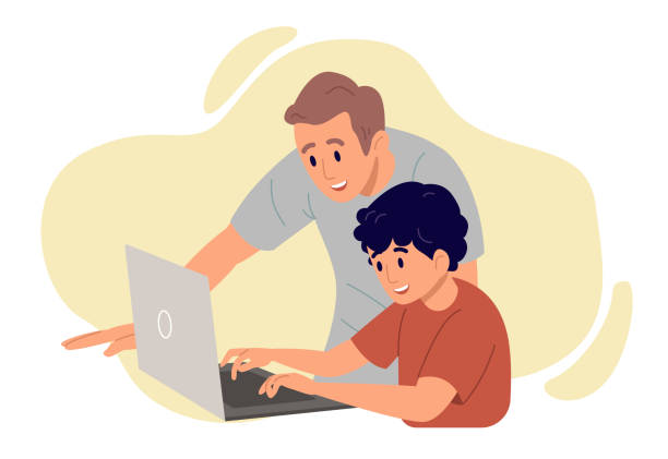 Father with son looking at the laptop. Flat design illustration. Vector Father with son smiling looking at the screen of laptop. Father spend time with his little kid, concept of family leisure. Flat design illustration. Vector. parent illustrations stock illustrations