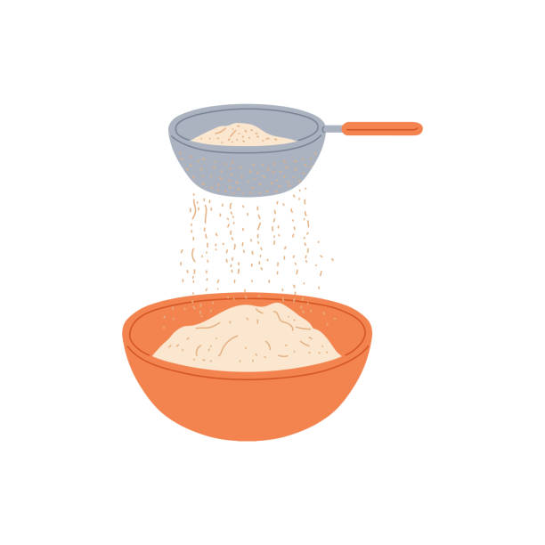 Flying sieve sifting flour into cooking bowl - food baking ingredient preparation stage with kitchen utensils. Isolated vector illustration of floating sift on white background.