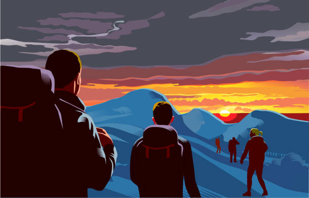 Hikers or Walkers Landscape with hills, mountains and walkers during winter. walker, hiker, explorer, Hiker, Treking, snow sunset winter mountain stock illustrations