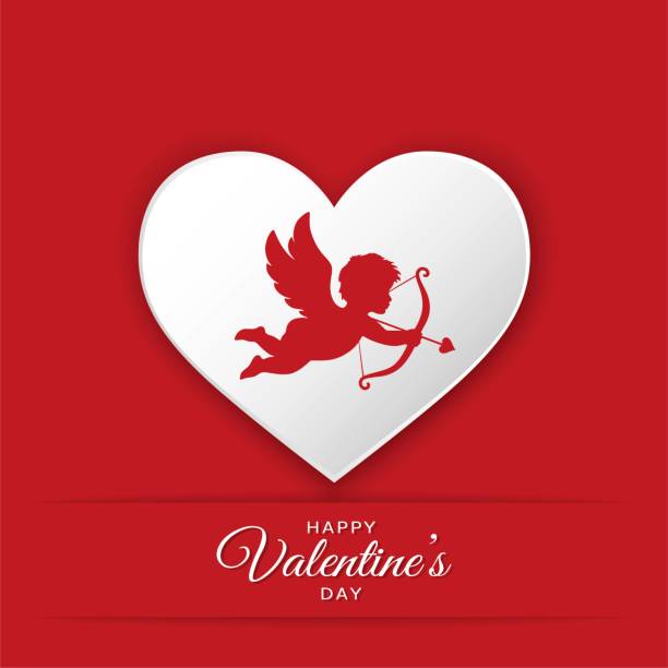 happy valentines day greeting card design. silhouette of cupid on heart background vector art illustration