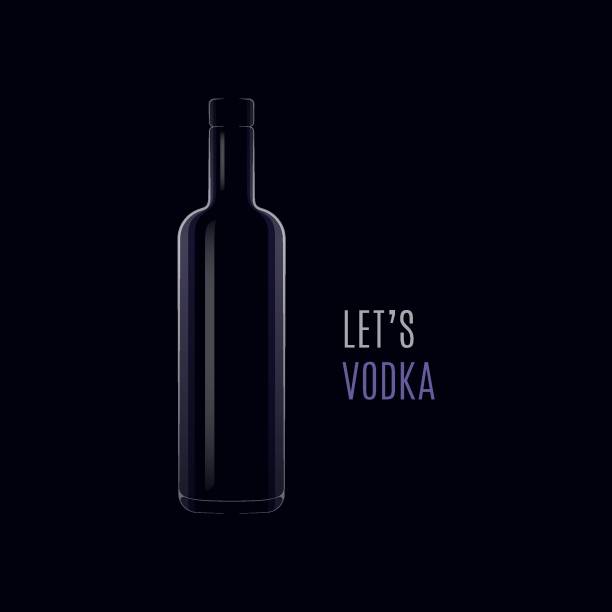 ilustraciones, imágenes clip art, dibujos animados e iconos de stock de vodka diseño oscuro. botella de vodka con tapa sobre fondo negro - silhouette vodka bottle glass
