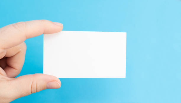 istock Hand holds a blank white business card on a blue background, place for text 1297187476
