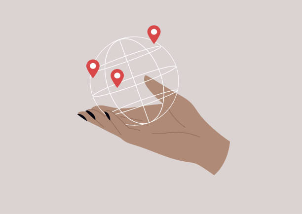 ein navigationsgerät, eine isolierte hand, die einen globus mit gps-positionszeigern auf ihr hält - map globe usa global business stock-grafiken, -clipart, -cartoons und -symbole