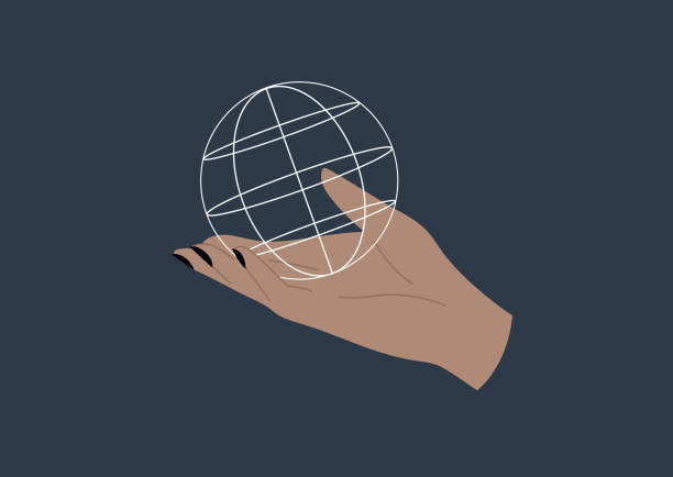 illustrazioni stock, clip art, cartoni animati e icone di tendenza di una mano che tiene un globo, geografia e geopolitica, pianeta terra, ecologia e consumo responsabile - spherical joint