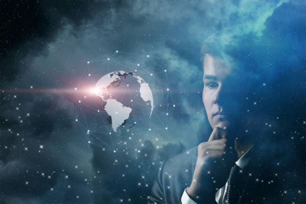 istock Businessman is watching the global business network on outer space background. 1297187692