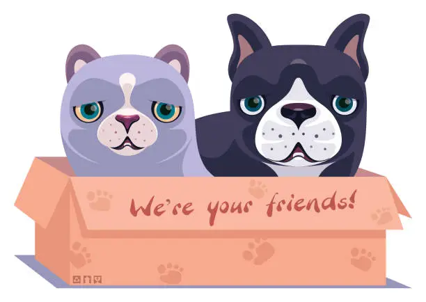 Vector illustration of kitten and puppy in carton