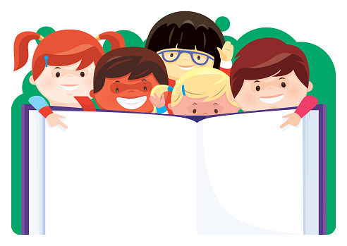 vector illustration of five children presenting with book