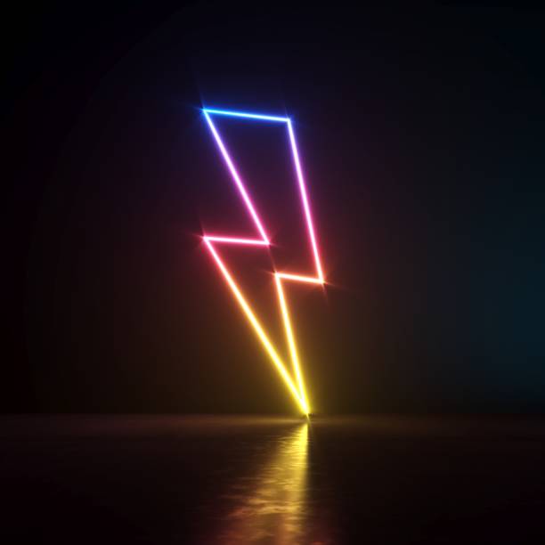 istock Neon lightning sign symbol in dark room 1297188715