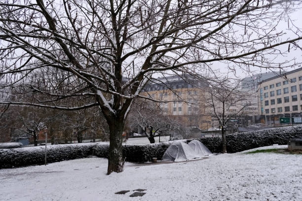 Heavy snowfall in Brussels, Belgium Tents of homeless people as seen in park during a heavy snowfall in Brussels, Belgium on Jan. 16, 2021. ampelmännchen photos stock pictures, royalty-free photos & images