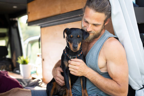 istock Man and his dog sitting in a camper van 1297189751