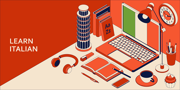 Learn Italian language isometric concept with open laptop, books, headphones, and coffee. Vector illustration