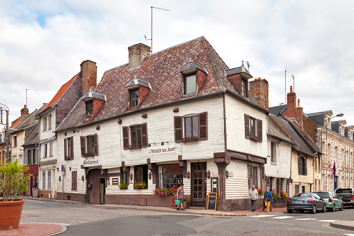 Abbeville, France - September 12 2020: Former sixteenth century inn completely restored now housing the restaurant \