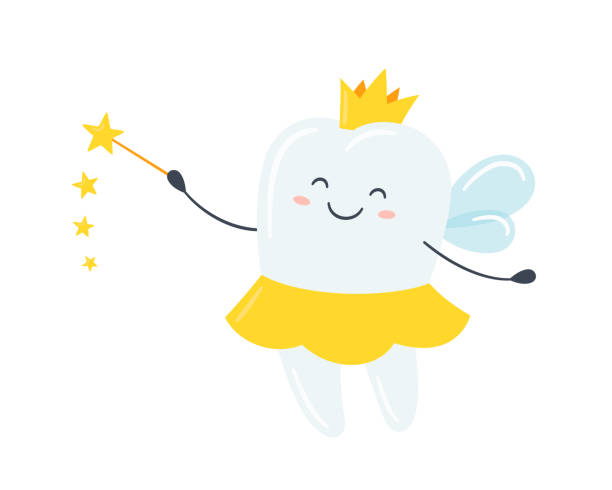Children tooth fairy. Cute tooth with wings, a crown and a magic wand. Vector illustration Children tooth fairy. Cute tooth with wings, a crown and a magic wand. Vector illustration in cartoon style on white background dental gold crown stock illustrations