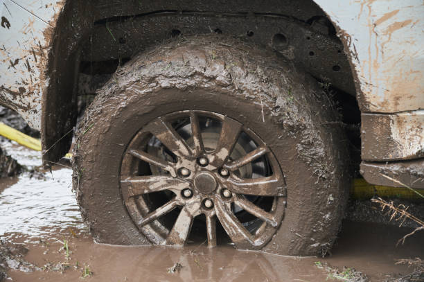 istock Wheel closeup in a countryside landscape with a muddy road. 1297192570